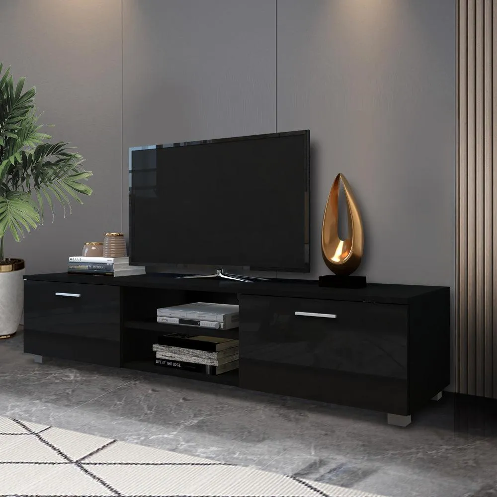 Black TV Stand for 70" TV, Media Console with 2 Cabinets & Open Shelves, Entertainment Center