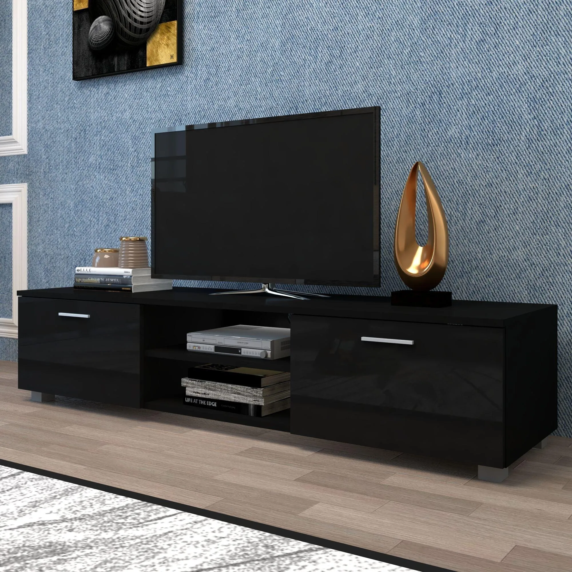 Black TV Stand for 70" TV, Media Console with 2 Cabinets & Open Shelves, Entertainment Center