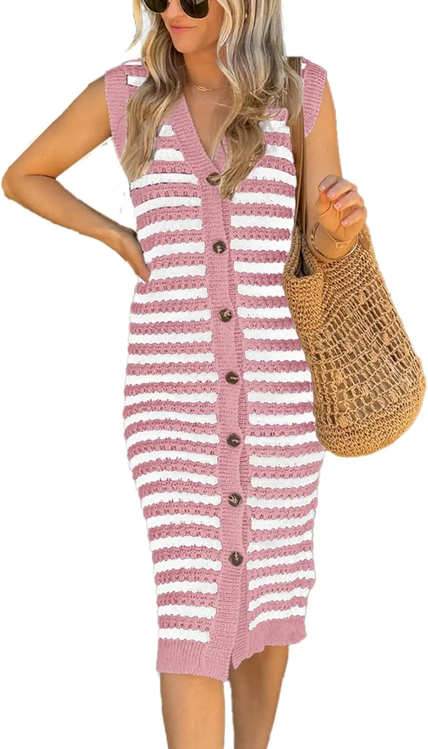 BLENCOT Women's V Neck Sleeveless Striped Midi Dresses Casual Button Down Sweater Knit Cardigan Long Bodycon Cover Up Dress Pink M