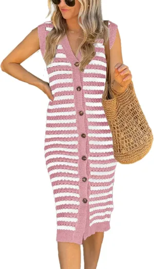 BLENCOT Women's V Neck Sleeveless Striped Midi Dresses Casual Button Down Sweater Knit Cardigan Long Bodycon Cover Up Dress Pink M