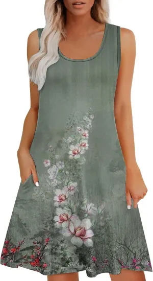 Boho Dresses for Women 2025 Summer Casual Baggy Sleeveless Midi Tank Dress Plus Size Comfy Beach Vacation Sundresses