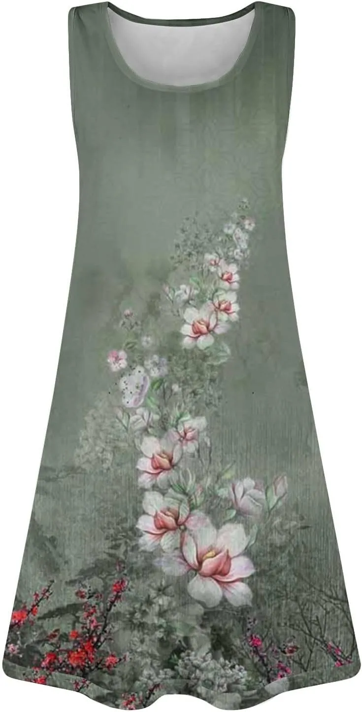 Boho Dresses for Women 2025 Summer Casual Baggy Sleeveless Midi Tank Dress Plus Size Comfy Beach Vacation Sundresses