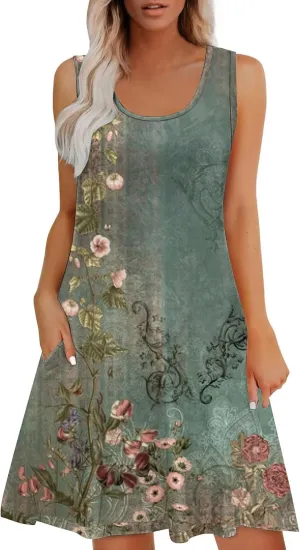 Boho Dresses for Women 2025 Summer Casual Baggy Sleeveless Midi Tank Dress Plus Size Comfy Beach Vacation Sundresses