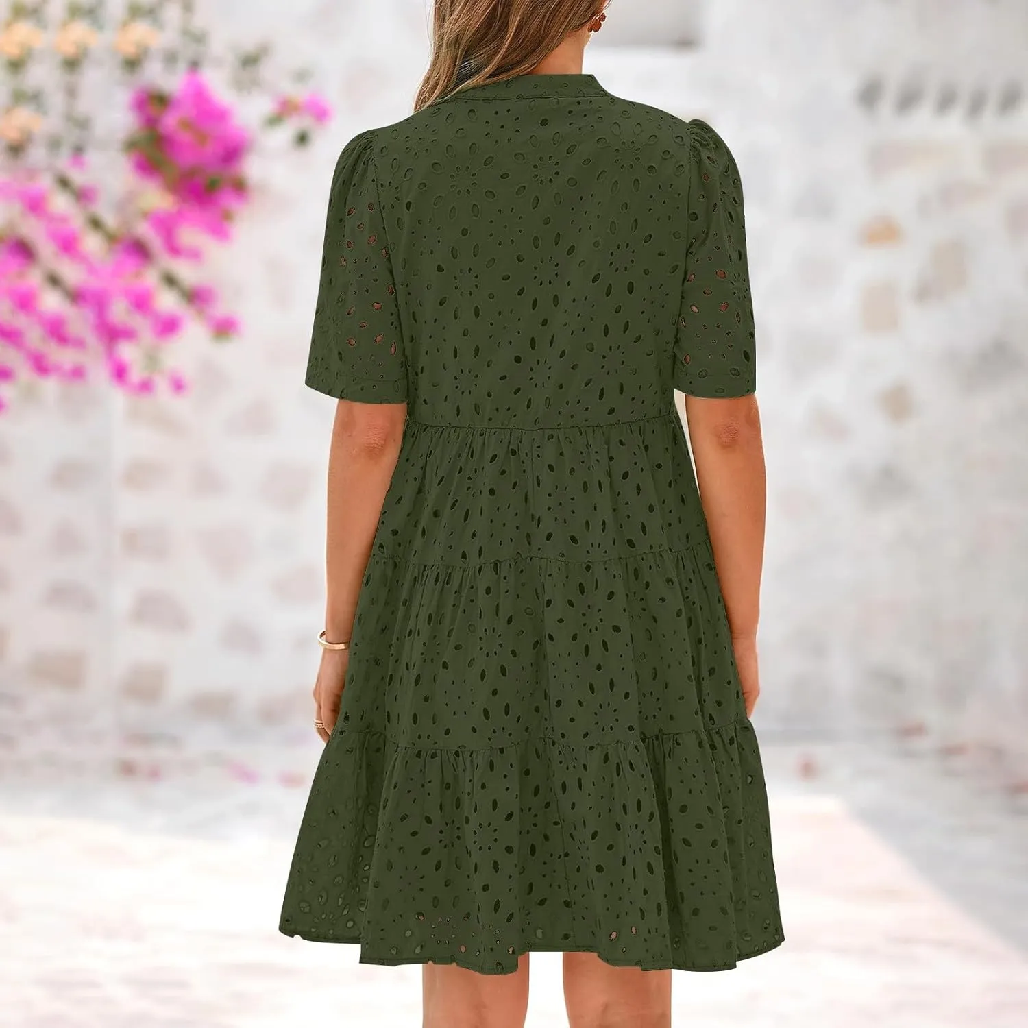 Boho Summer Dresses for Women 2025 Resort V Neck Short Sleeve Hollow Out Lace Ruffle Casual Beach Mini Vacation Dress
