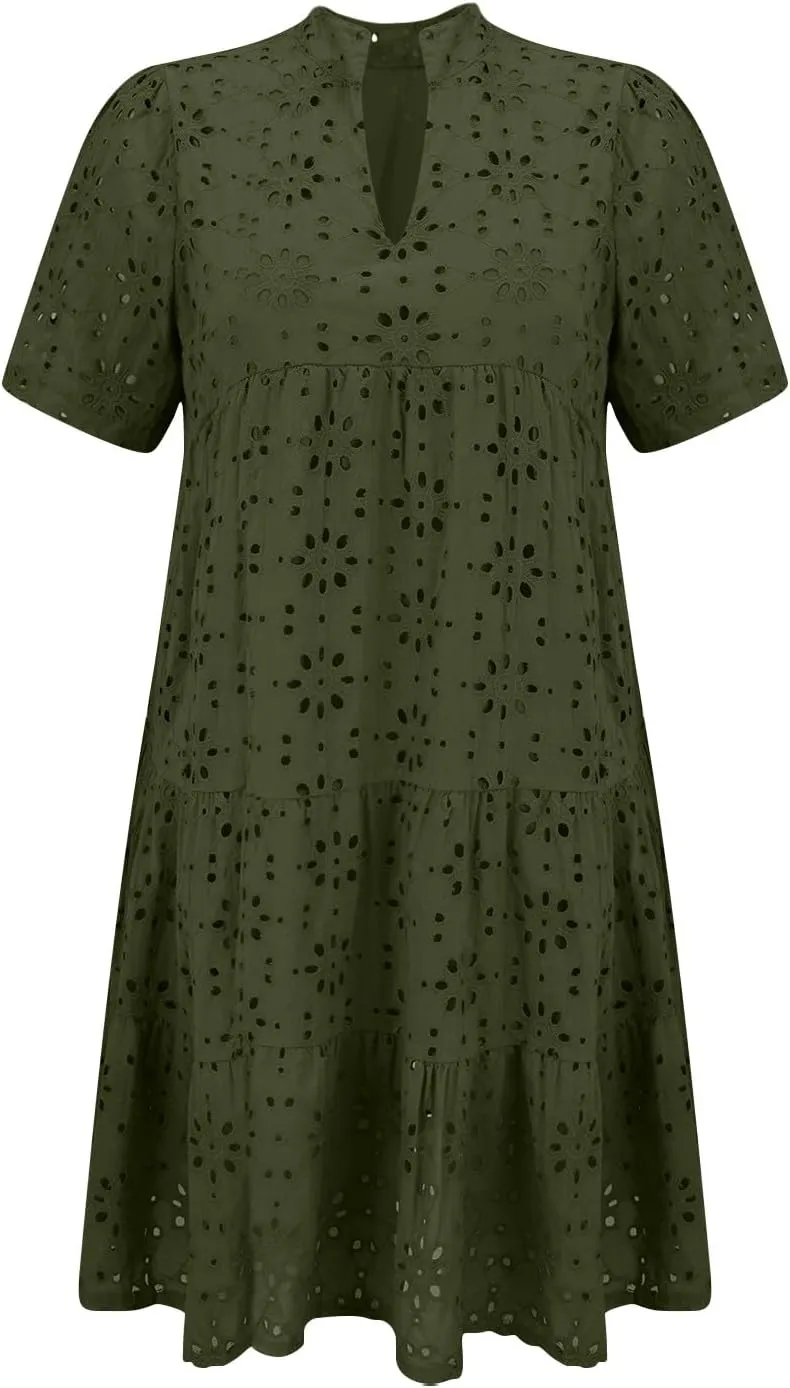 Boho Summer Dresses for Women 2025 Resort V Neck Short Sleeve Hollow Out Lace Ruffle Casual Beach Mini Vacation Dress
