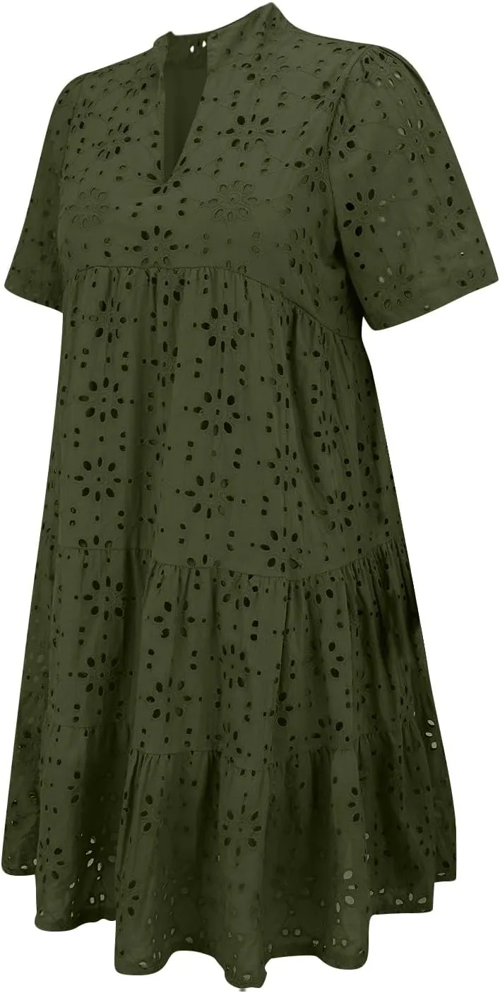 Boho Summer Dresses for Women 2025 Resort V Neck Short Sleeve Hollow Out Lace Ruffle Casual Beach Mini Vacation Dress