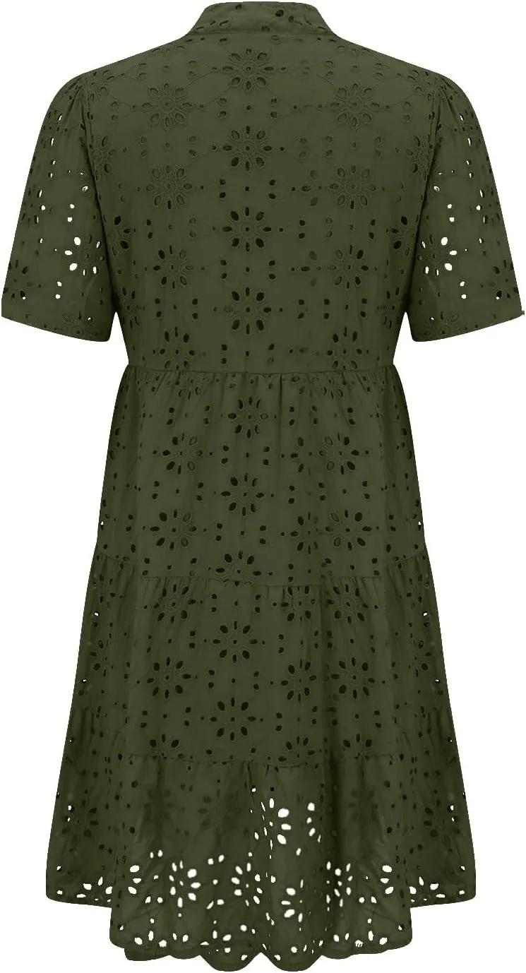 Boho Summer Dresses for Women 2025 Resort V Neck Short Sleeve Hollow Out Lace Ruffle Casual Beach Mini Vacation Dress