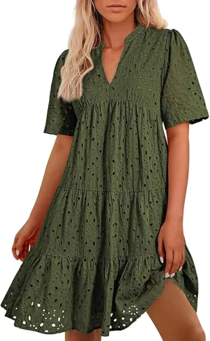 Boho Summer Dresses for Women 2025 Resort V Neck Short Sleeve Hollow Out Lace Ruffle Casual Beach Mini Vacation Dress