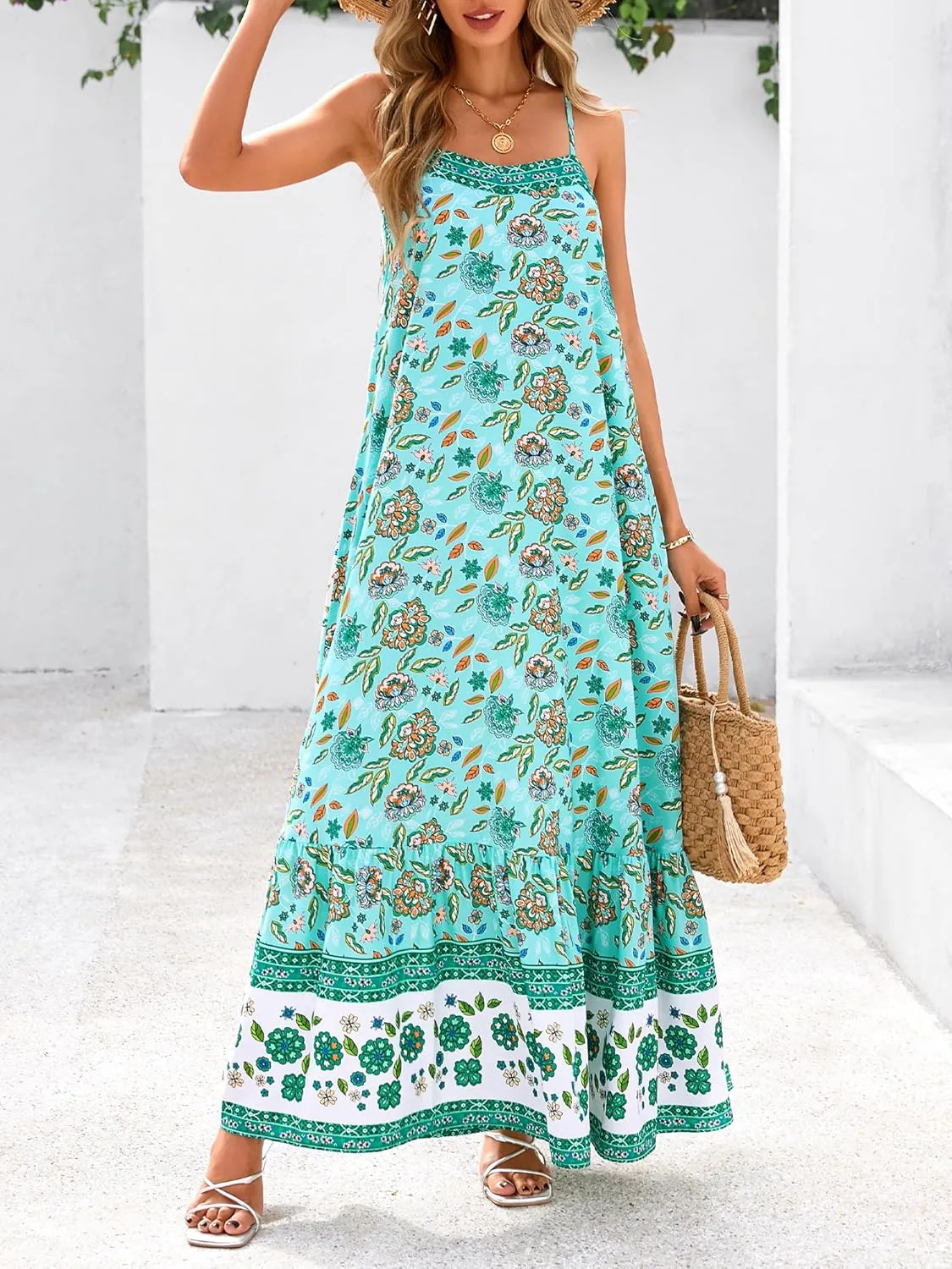 BTFBM Casual Women Summer Maxi Dresses 2025 Loose Sleeveless Sundress Spaghetti Strap Boho Long Dress Vacation
