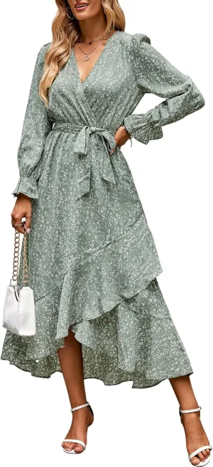 BTFBM Women Long Sleeve Dresses Spring Summer Clothes 2025 V Neck Floral High Waist Ruffle Boho Wedding Guest Dress