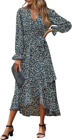 BTFBM Women Long Sleeve Dresses Spring Summer Clothes 2025 V Neck Floral High Waist Ruffle Boho Wedding Guest Dress