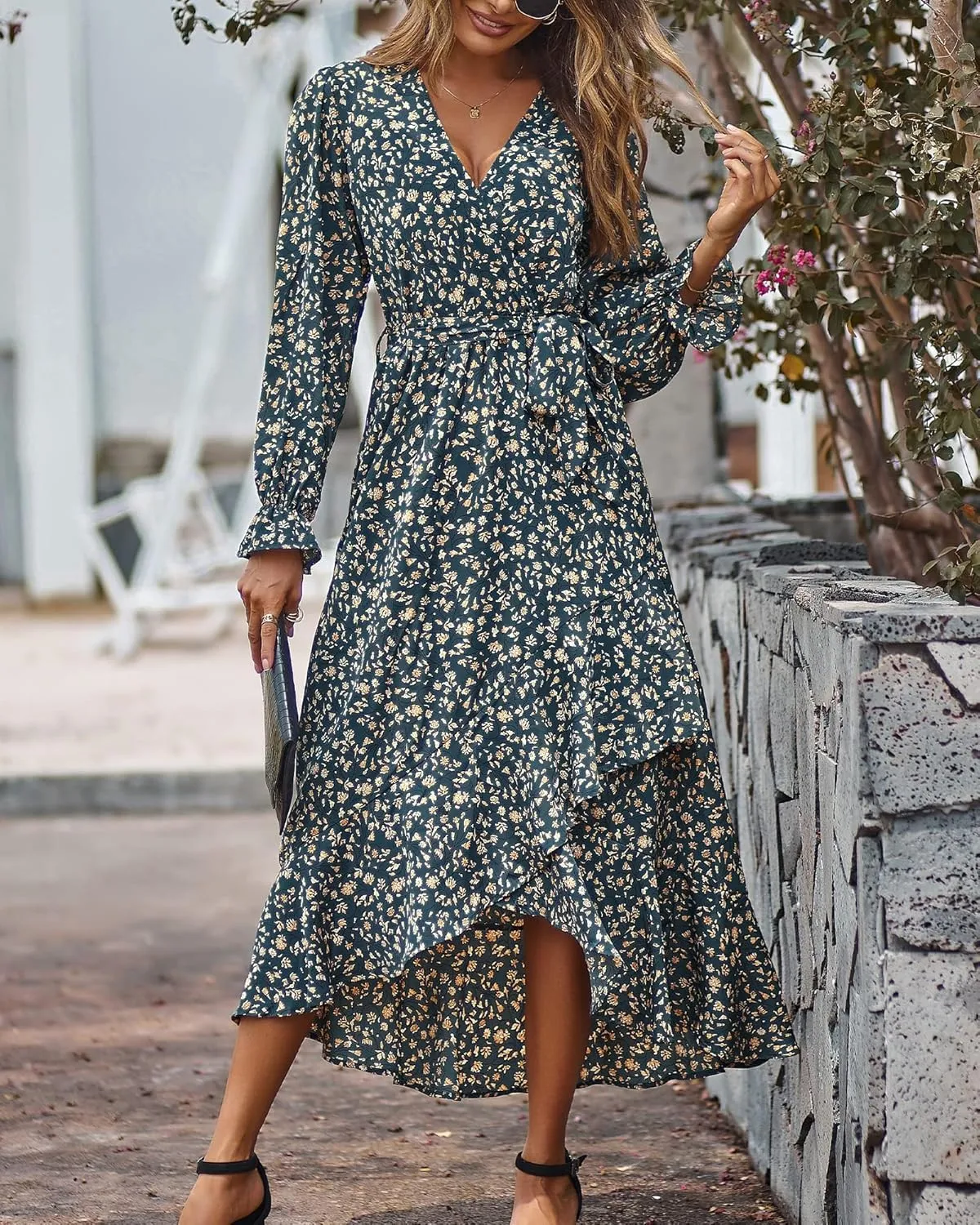 BTFBM Women Long Sleeve Dresses Spring Summer Clothes 2025 V Neck Floral High Waist Ruffle Boho Wedding Guest Dress