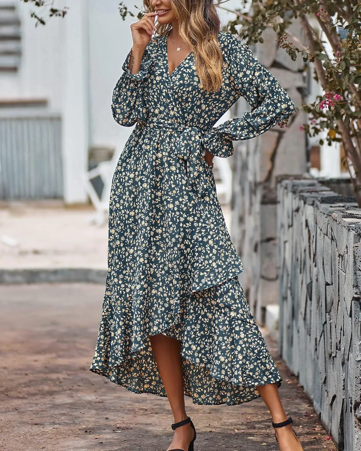 BTFBM Women Long Sleeve Dresses Spring Summer Clothes 2025 V Neck Floral High Waist Ruffle Boho Wedding Guest Dress