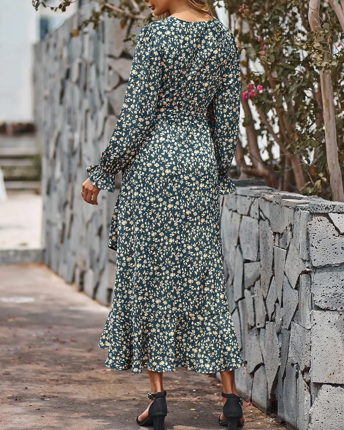 BTFBM Women Long Sleeve Dresses Spring Summer Clothes 2025 V Neck Floral High Waist Ruffle Boho Wedding Guest Dress