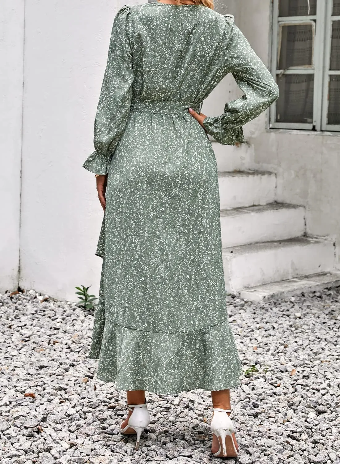 BTFBM Women Long Sleeve Dresses Spring Summer Clothes 2025 V Neck Floral High Waist Ruffle Boho Wedding Guest Dress