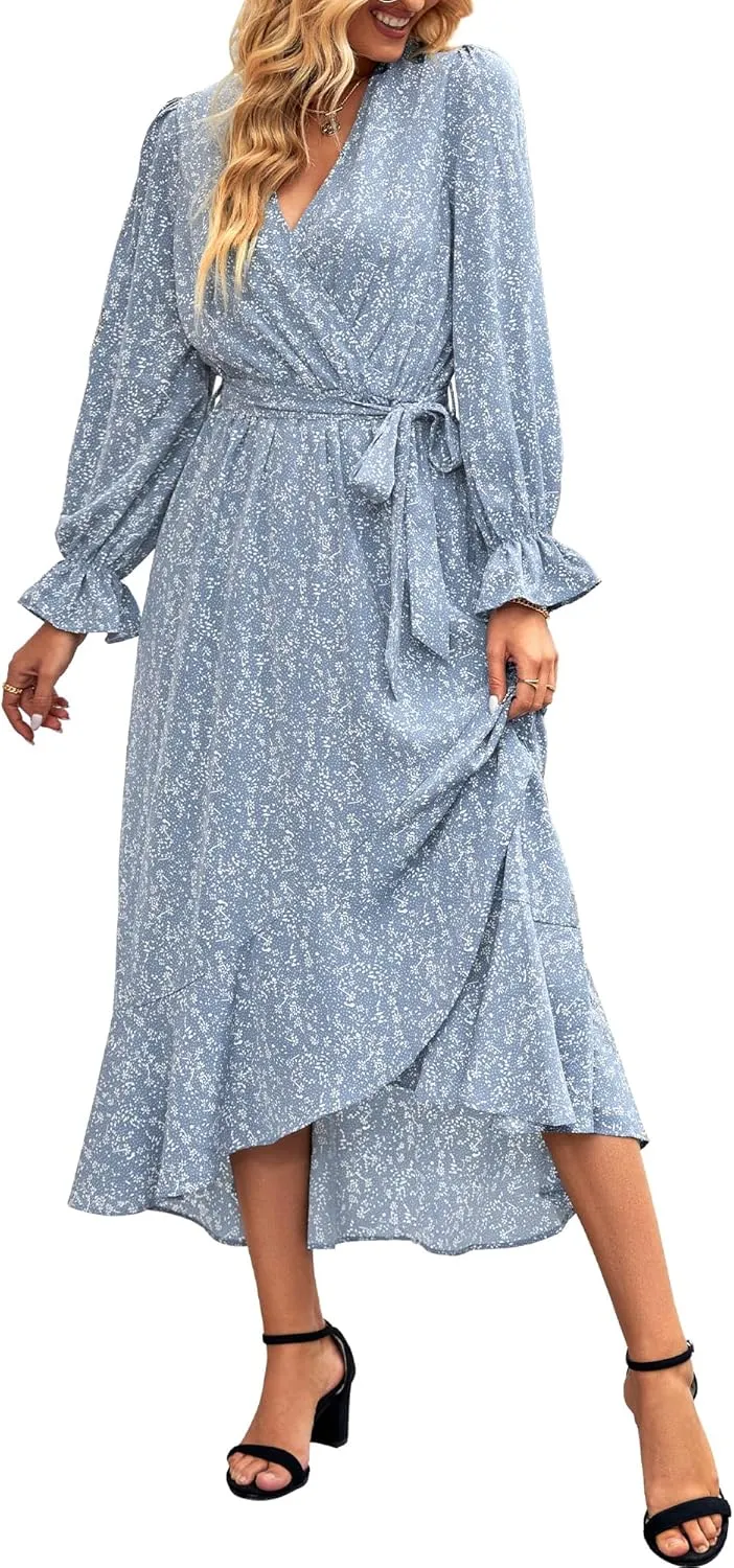 BTFBM Women Long Sleeve Dresses Spring Summer Clothes 2025 V Neck Floral High Waist Ruffle Boho Wedding Guest Dress