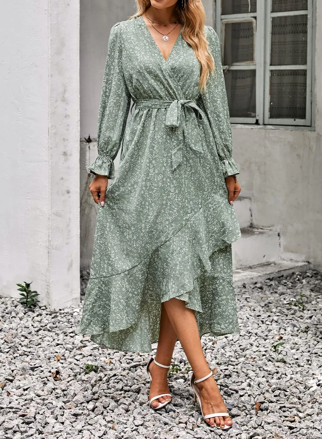 BTFBM Women Long Sleeve Dresses Spring Summer Clothes 2025 V Neck Floral High Waist Ruffle Boho Wedding Guest Dress