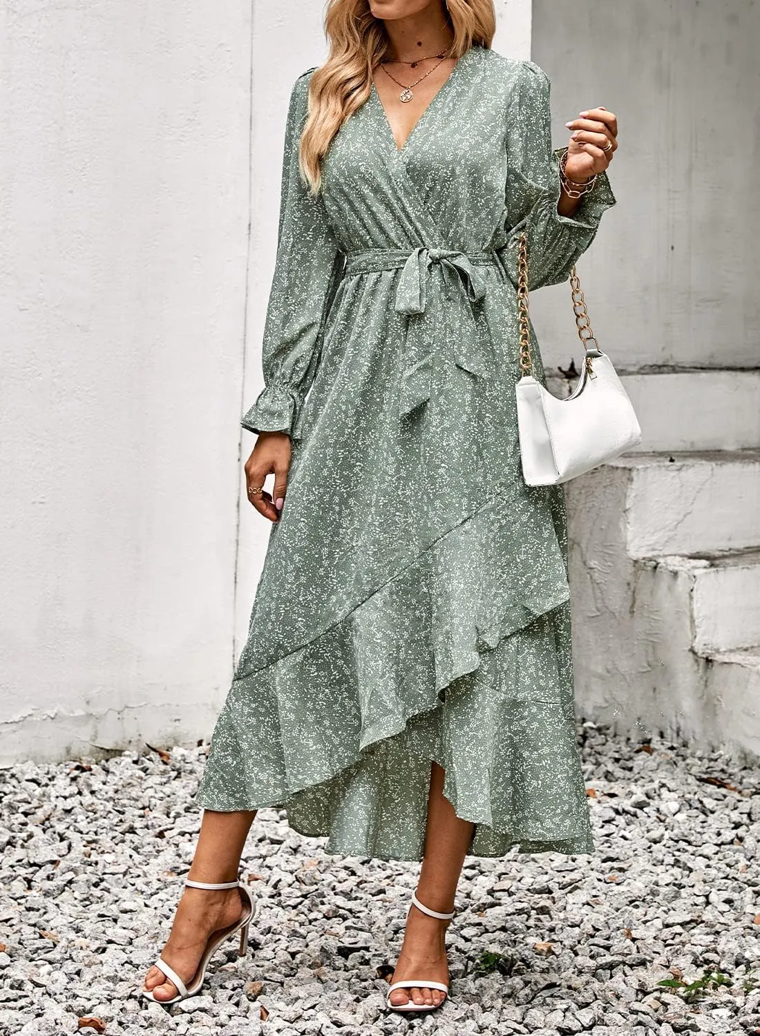 BTFBM Women Long Sleeve Dresses Spring Summer Clothes 2025 V Neck Floral High Waist Ruffle Boho Wedding Guest Dress