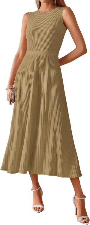 BTFBM Women's Midi Bodycon Tank Dress Summer Crewneck Rib Knit Sleeveless Pleated Swing A Line Business Casual Dresses