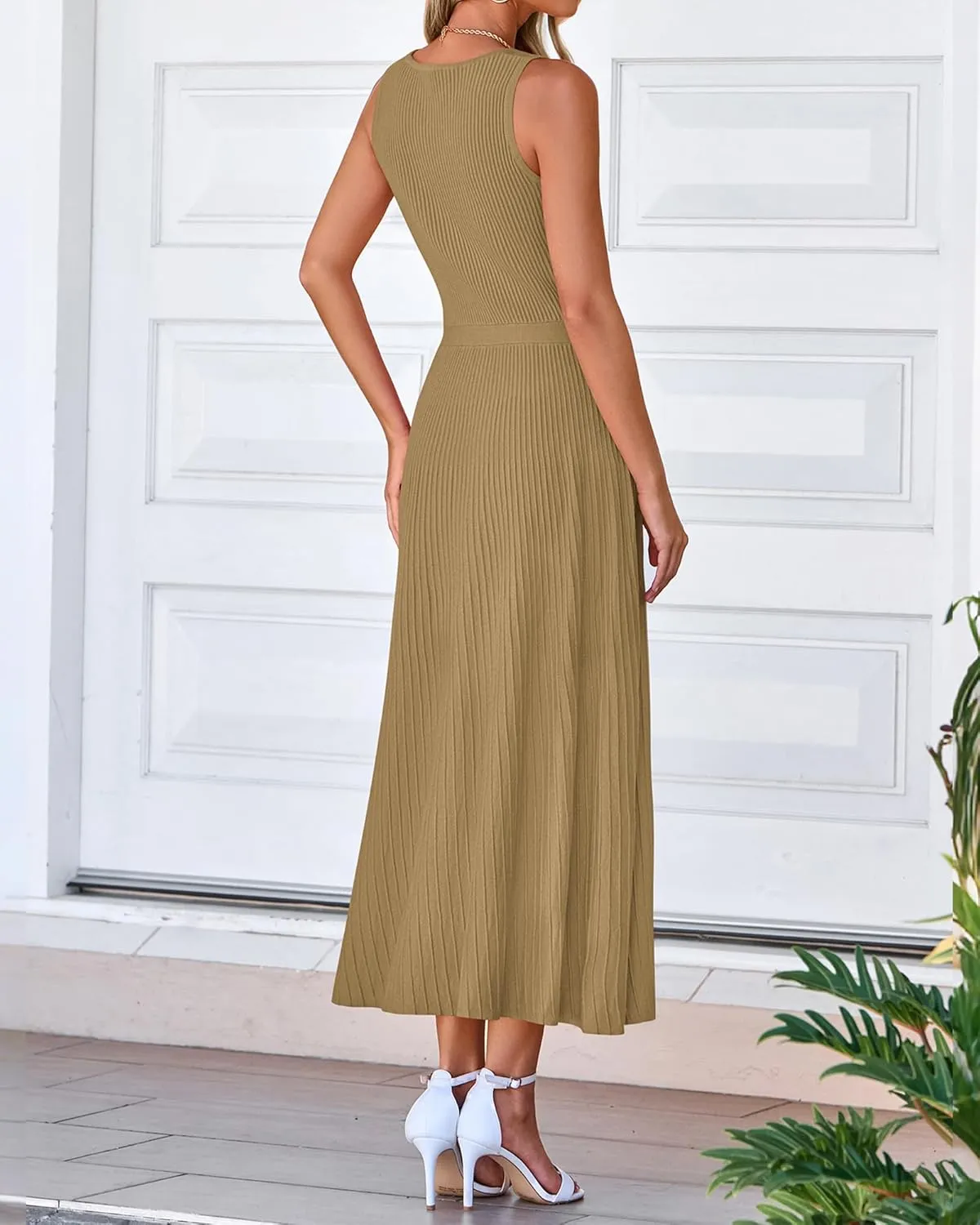 BTFBM Women's Midi Bodycon Tank Dress Summer Crewneck Rib Knit Sleeveless Pleated Swing A Line Business Casual Dresses