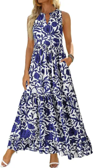 BTFBM Womens Summer Maxi Dresses 2025 Casual Sleeveless V Neck Loose Fit Floral Boho Dress Beach Long Sundress