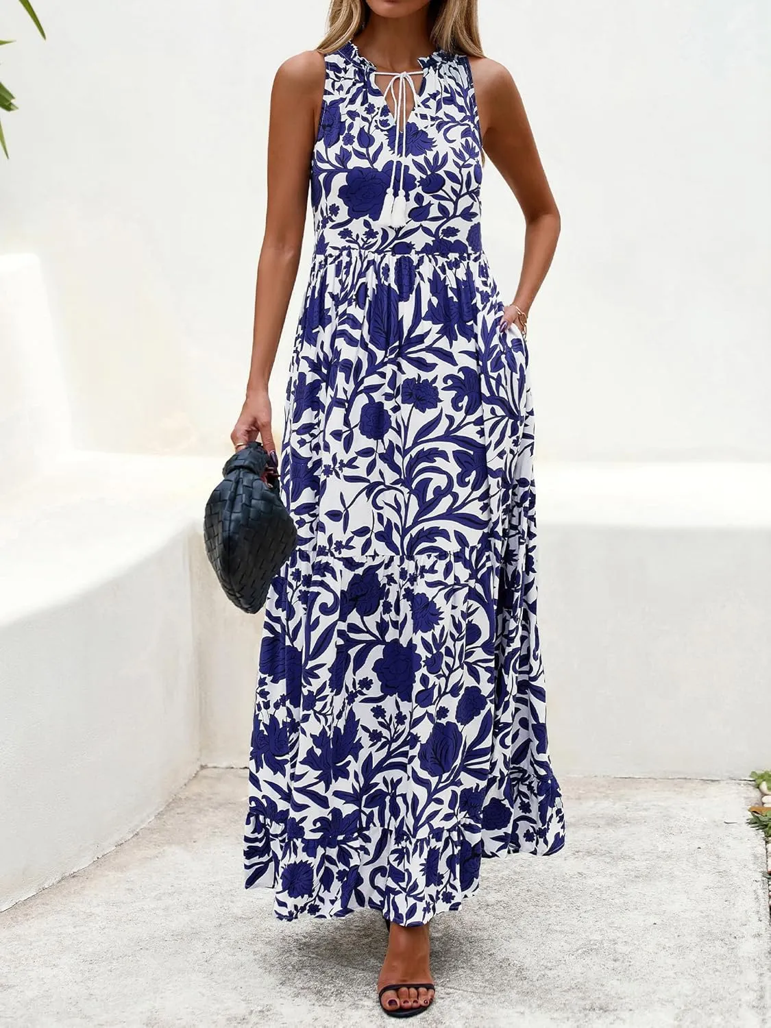 BTFBM Womens Summer Maxi Dresses 2025 Casual Sleeveless V Neck Loose Fit Floral Boho Dress Beach Long Sundress