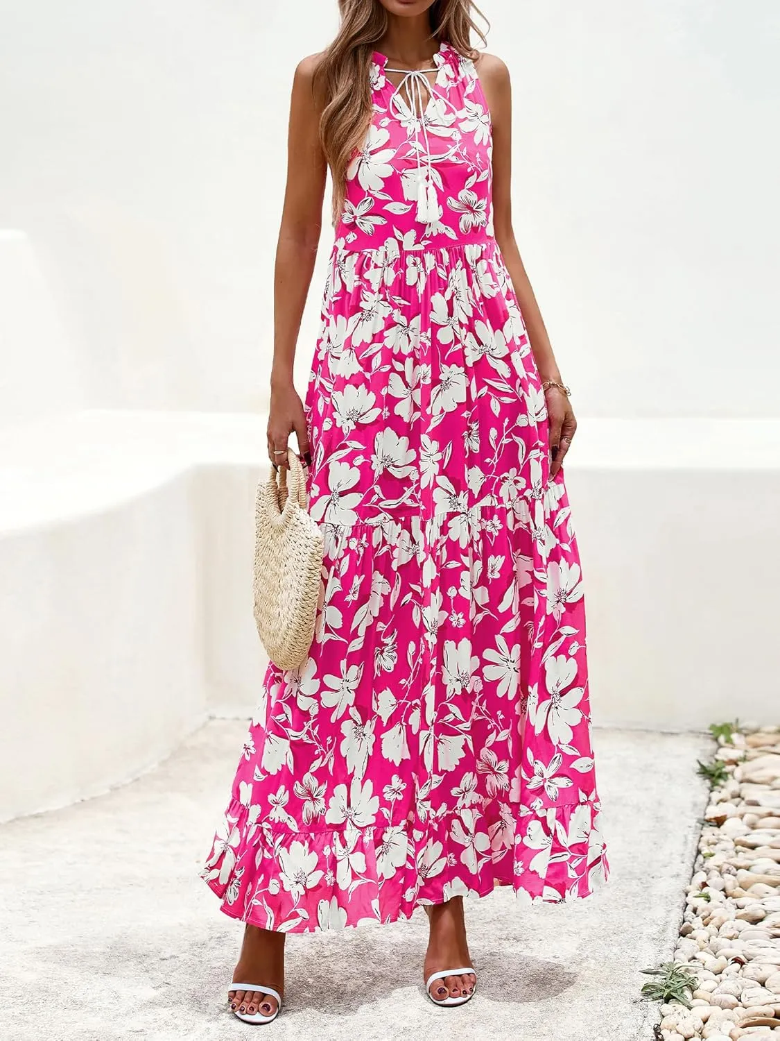 BTFBM Womens Summer Maxi Dresses 2025 Casual Sleeveless V Neck Loose Fit Floral Boho Dress Beach Long Sundress