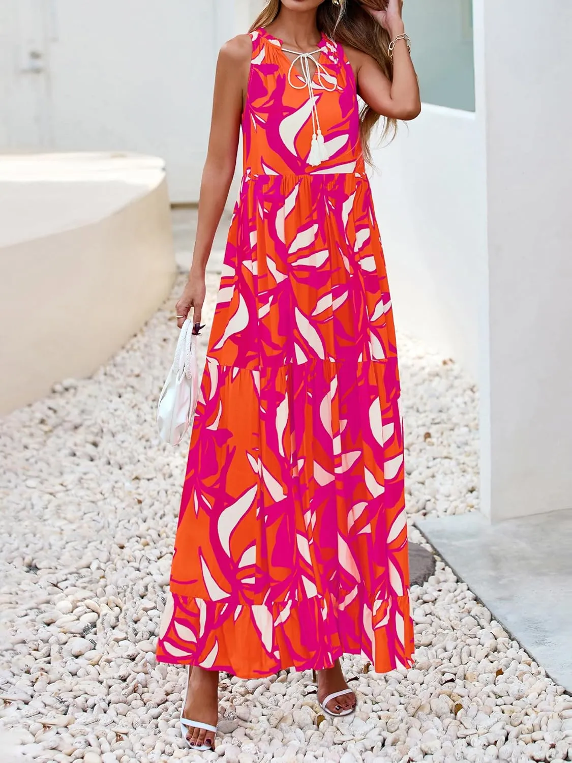 BTFBM Womens Summer Maxi Dresses 2025 Casual Sleeveless V Neck Loose Fit Floral Boho Dress Beach Long Sundress