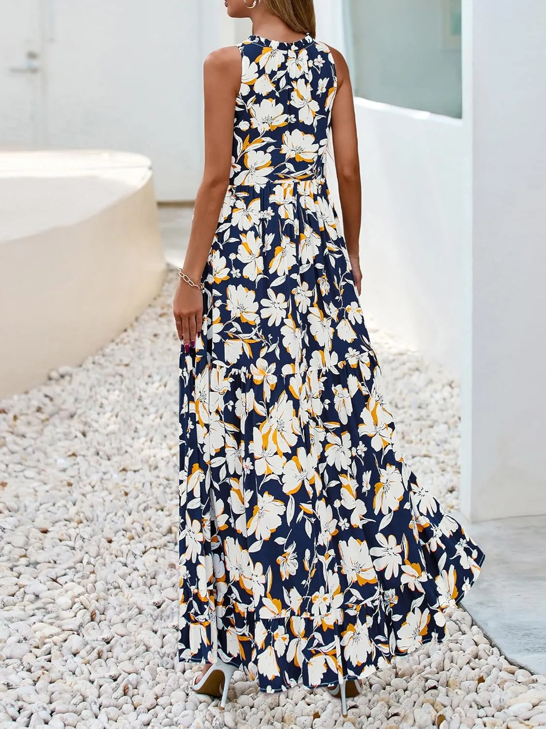 BTFBM Womens Summer Maxi Dresses 2025 Casual Sleeveless V Neck Loose Fit Floral Boho Dress Beach Long Sundress