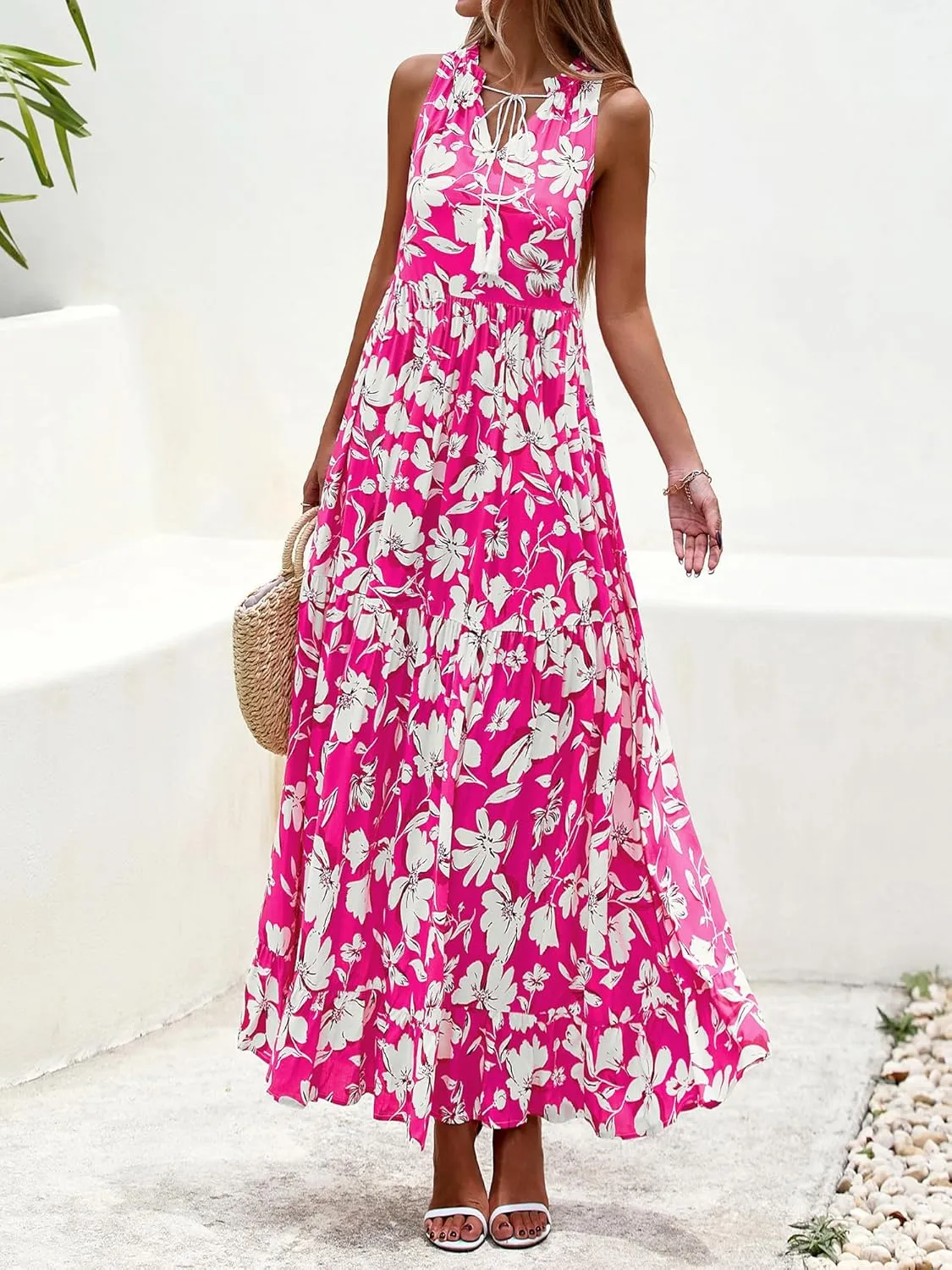 BTFBM Womens Summer Maxi Dresses 2025 Casual Sleeveless V Neck Loose Fit Floral Boho Dress Beach Long Sundress