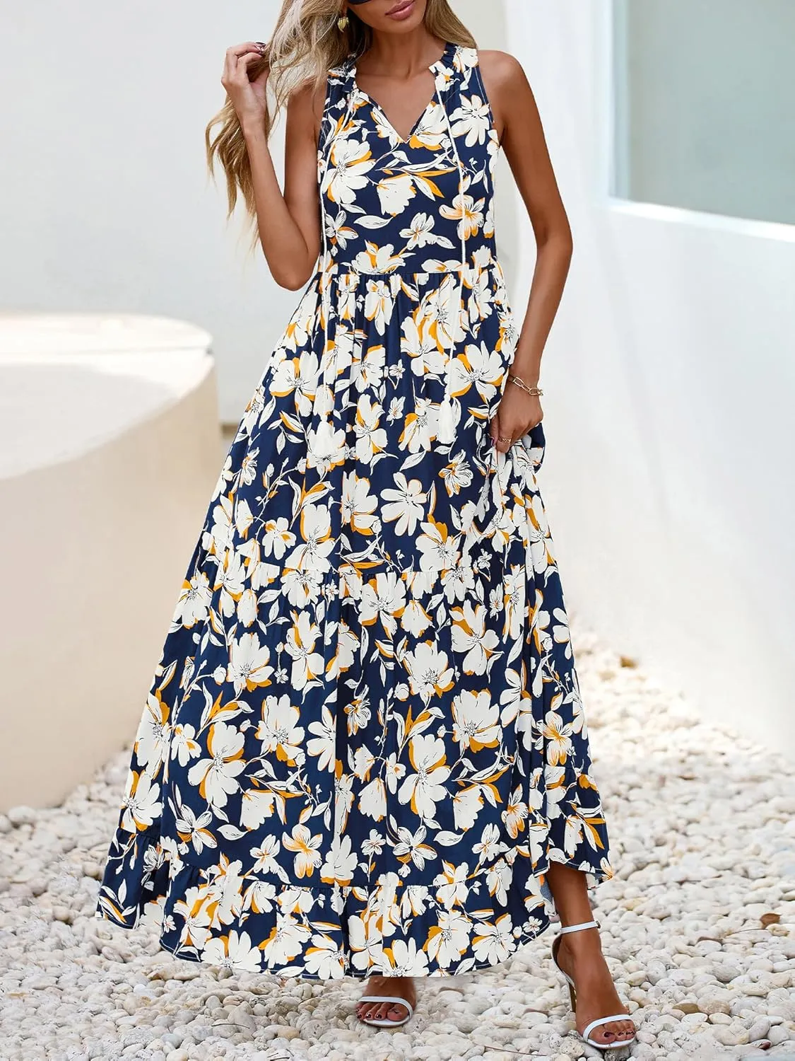 BTFBM Womens Summer Maxi Dresses 2025 Casual Sleeveless V Neck Loose Fit Floral Boho Dress Beach Long Sundress