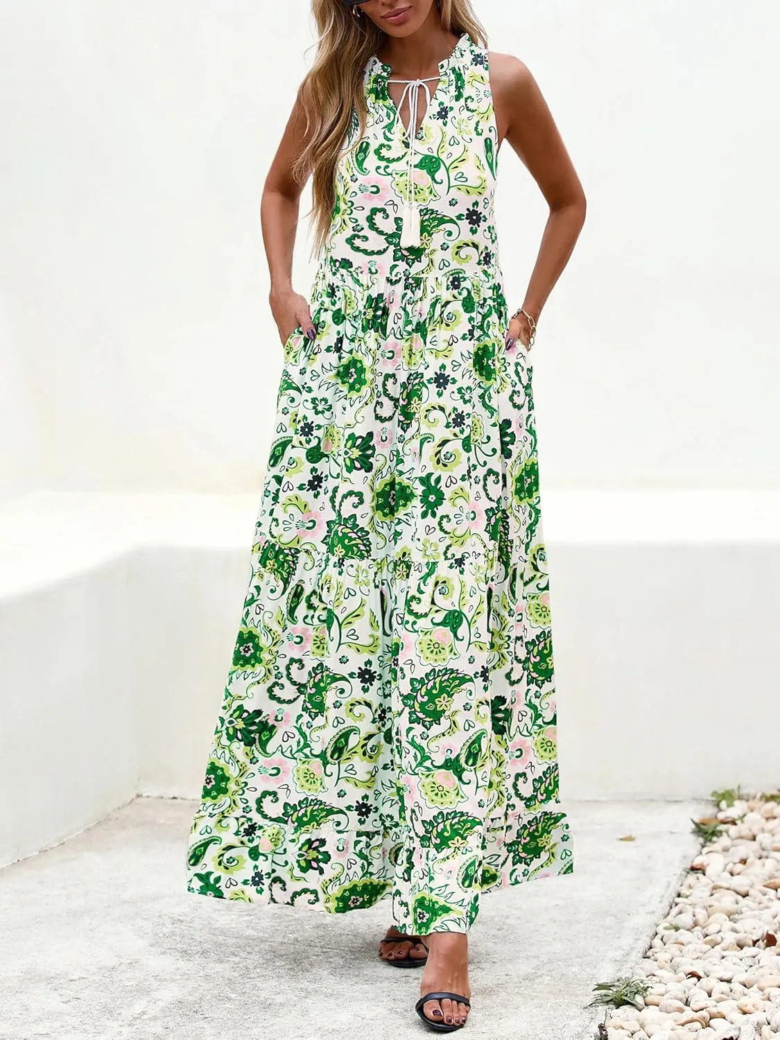 BTFBM Womens Summer Maxi Dresses 2025 Casual Sleeveless V Neck Loose Fit Floral Boho Dress Beach Long Sundress