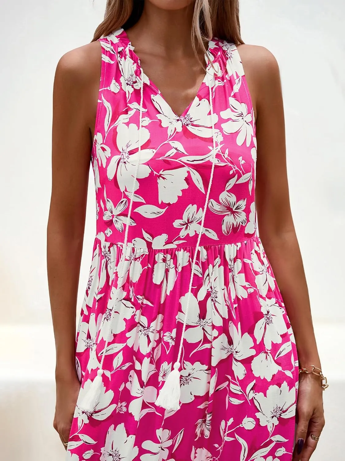 BTFBM Womens Summer Maxi Dresses 2025 Casual Sleeveless V Neck Loose Fit Floral Boho Dress Beach Long Sundress