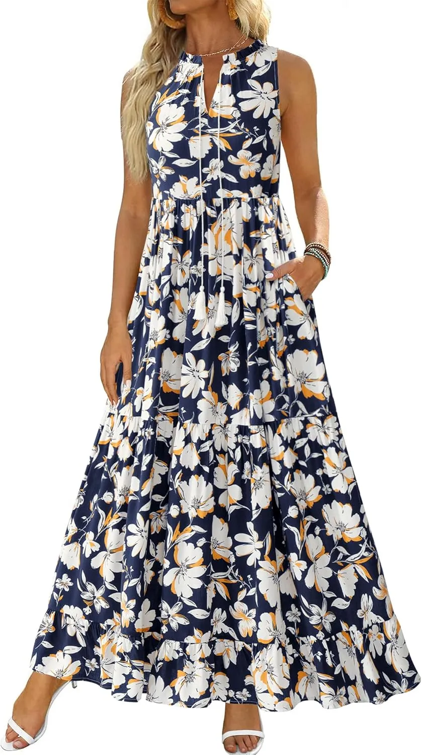 BTFBM Womens Summer Maxi Dresses 2025 Casual Sleeveless V Neck Loose Fit Floral Boho Dress Beach Long Sundress