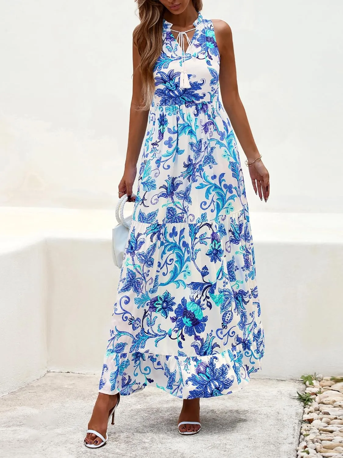 BTFBM Womens Summer Maxi Dresses 2025 Casual Sleeveless V Neck Loose Fit Floral Boho Dress Beach Long Sundress