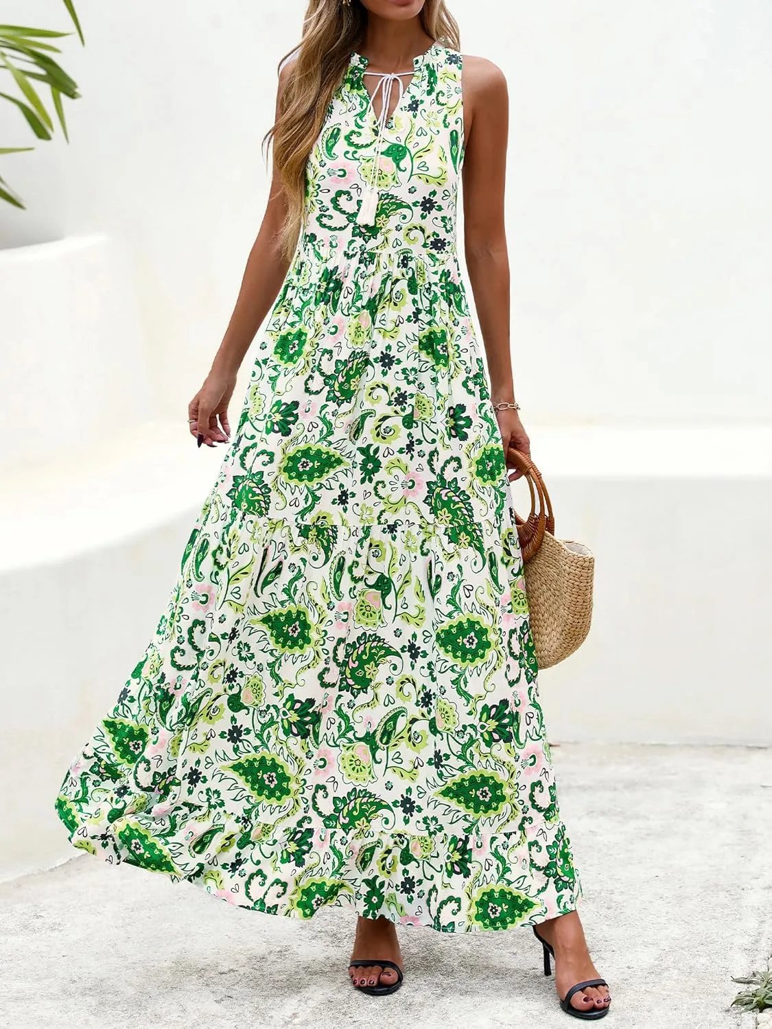 BTFBM Womens Summer Maxi Dresses 2025 Casual Sleeveless V Neck Loose Fit Floral Boho Dress Beach Long Sundress