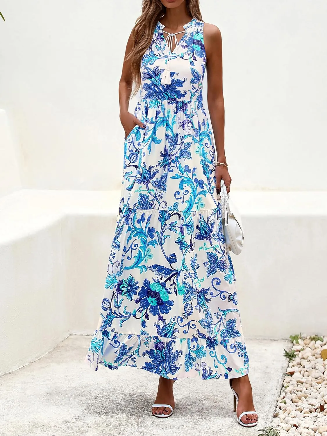 BTFBM Womens Summer Maxi Dresses 2025 Casual Sleeveless V Neck Loose Fit Floral Boho Dress Beach Long Sundress