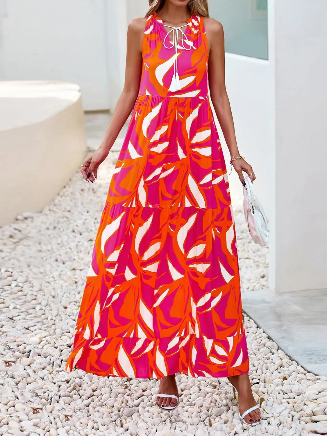 BTFBM Womens Summer Maxi Dresses 2025 Casual Sleeveless V Neck Loose Fit Floral Boho Dress Beach Long Sundress