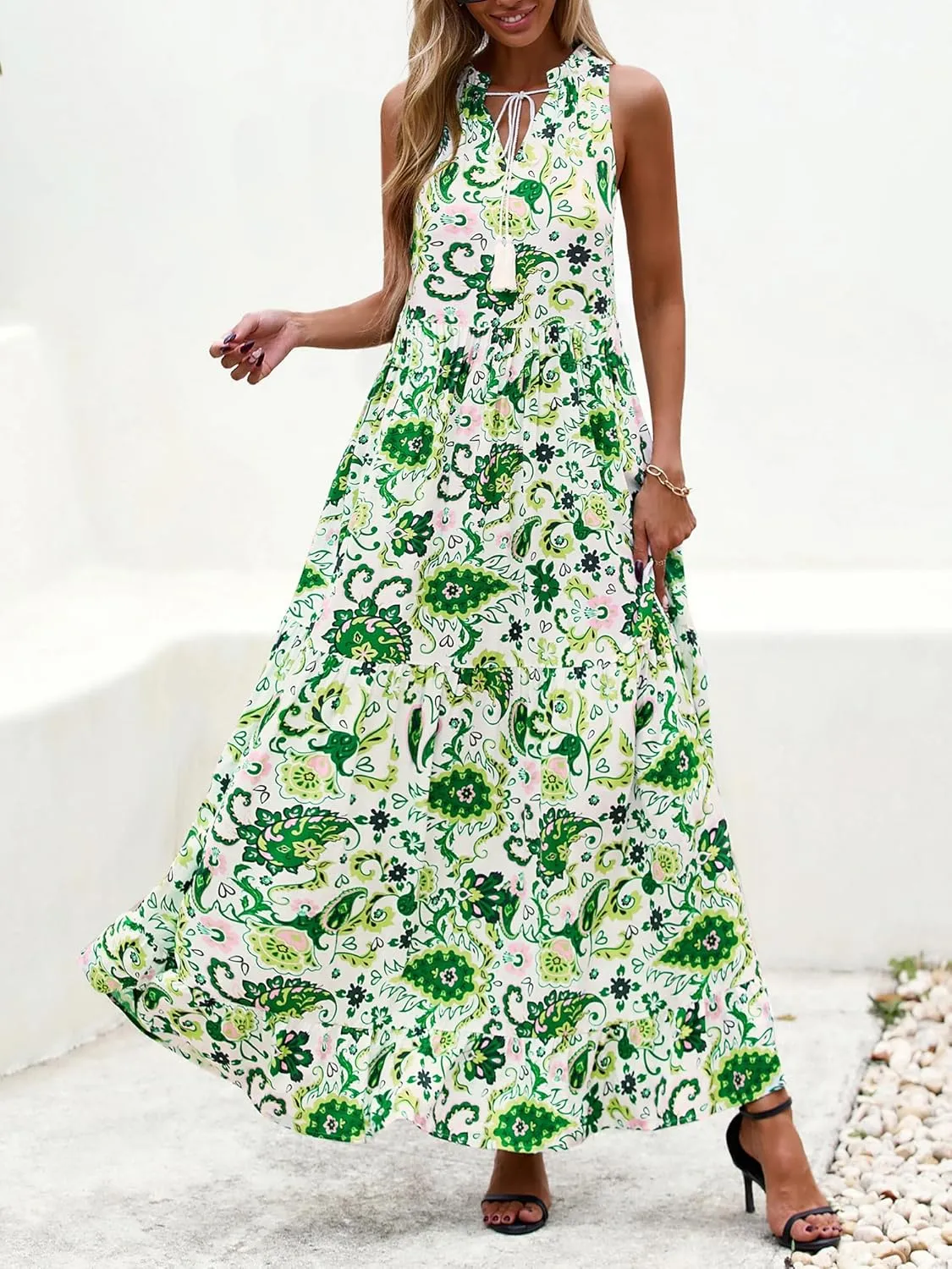 BTFBM Womens Summer Maxi Dresses 2025 Casual Sleeveless V Neck Loose Fit Floral Boho Dress Beach Long Sundress