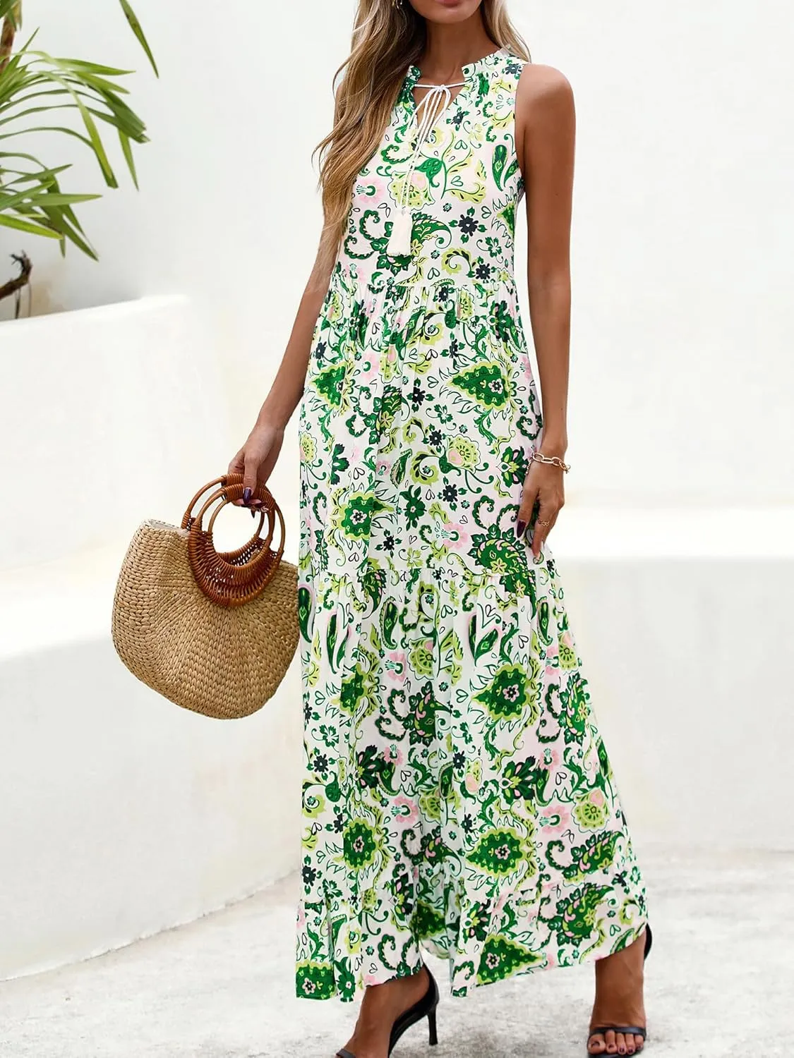BTFBM Womens Summer Maxi Dresses 2025 Casual Sleeveless V Neck Loose Fit Floral Boho Dress Beach Long Sundress