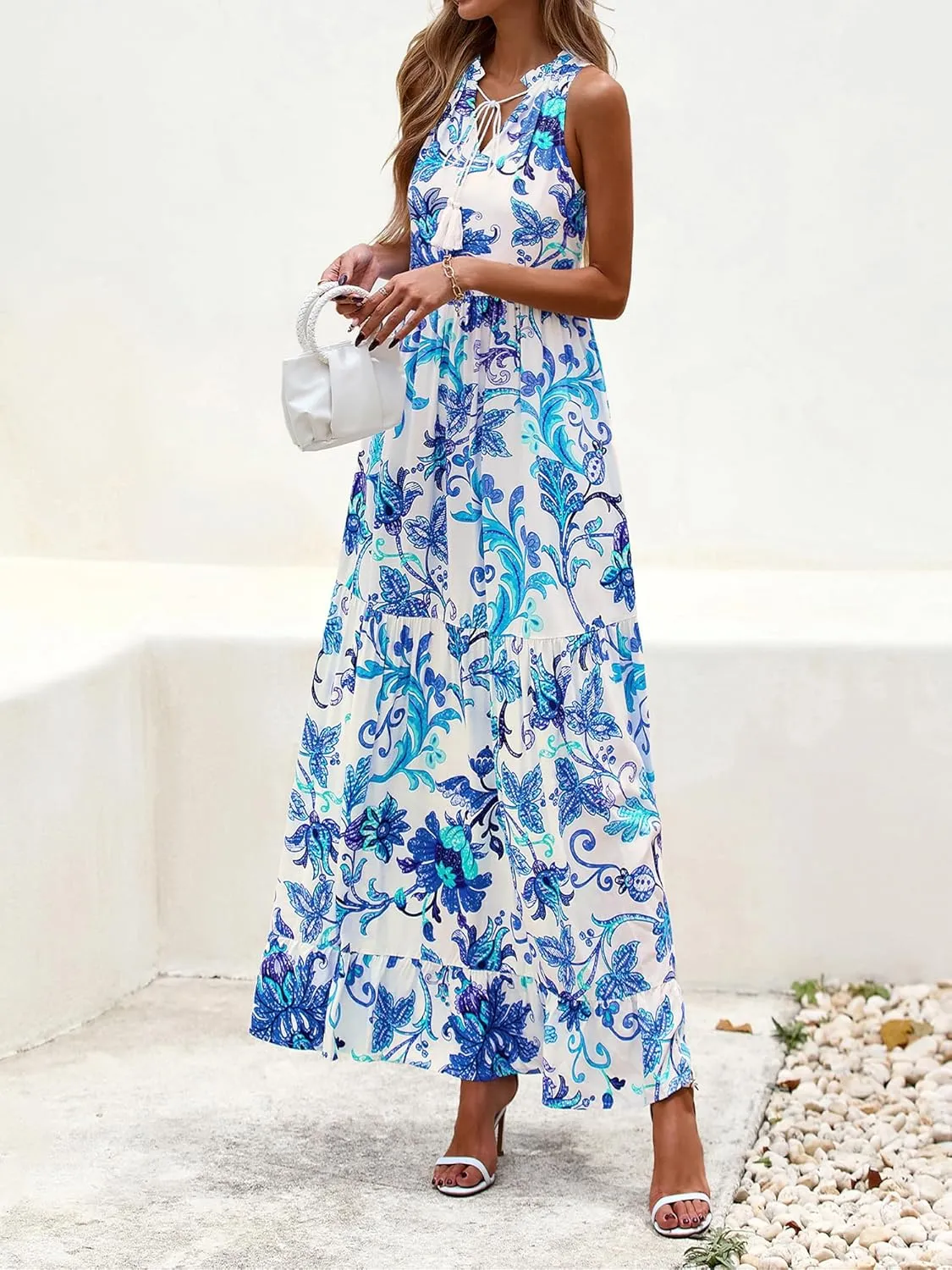 BTFBM Womens Summer Maxi Dresses 2025 Casual Sleeveless V Neck Loose Fit Floral Boho Dress Beach Long Sundress
