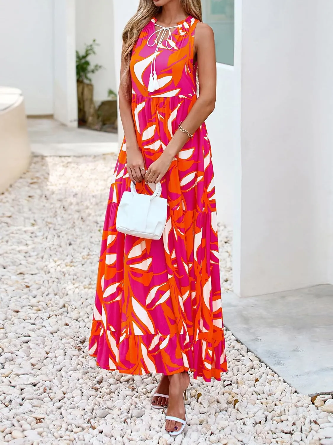 BTFBM Womens Summer Maxi Dresses 2025 Casual Sleeveless V Neck Loose Fit Floral Boho Dress Beach Long Sundress