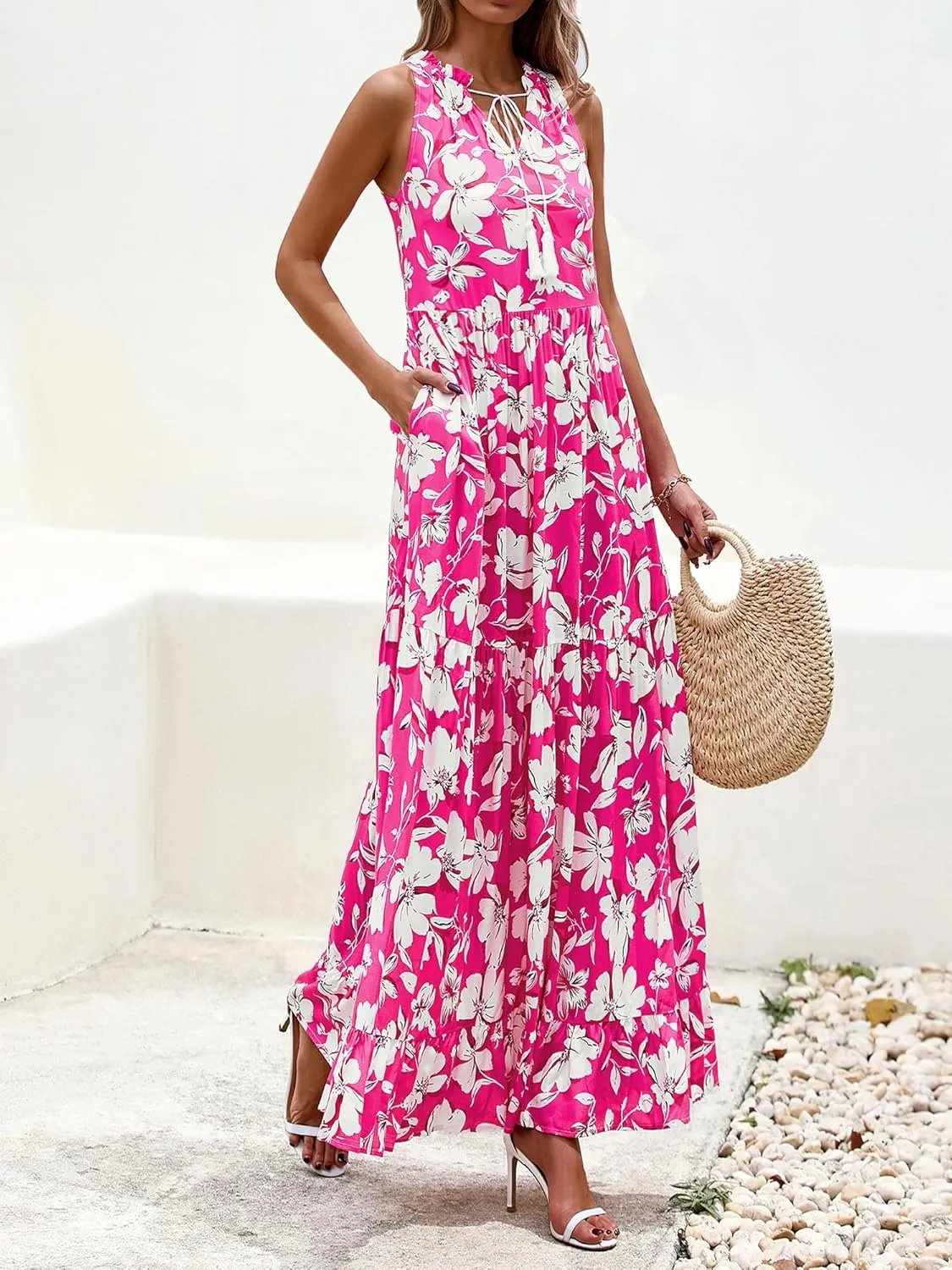 BTFBM Womens Summer Maxi Dresses 2025 Casual Sleeveless V Neck Loose Fit Floral Boho Dress Beach Long Sundress