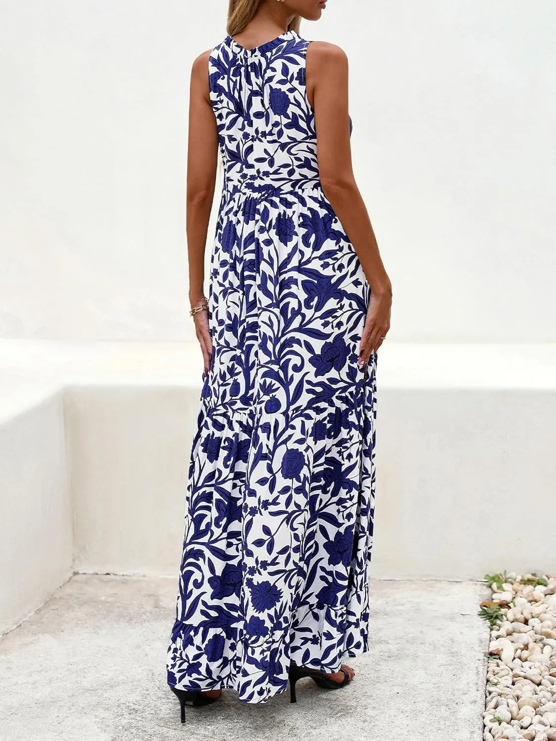 BTFBM Womens Summer Maxi Dresses 2025 Casual Sleeveless V Neck Loose Fit Floral Boho Dress Beach Long Sundress