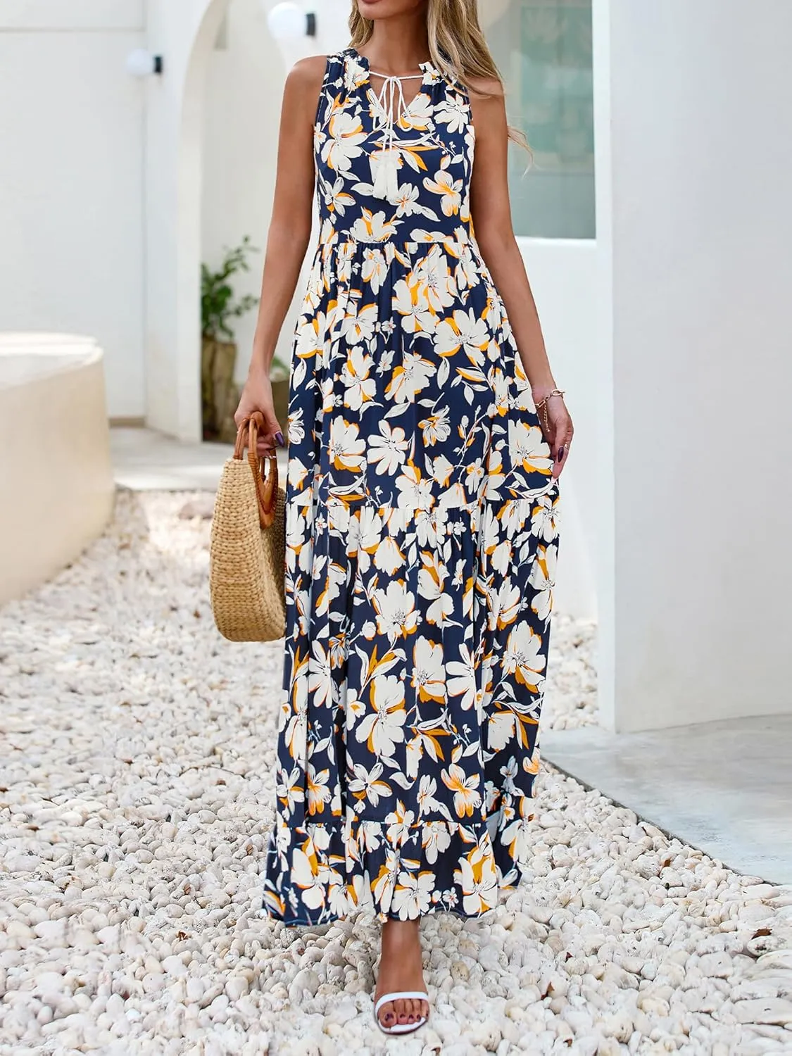 BTFBM Womens Summer Maxi Dresses 2025 Casual Sleeveless V Neck Loose Fit Floral Boho Dress Beach Long Sundress
