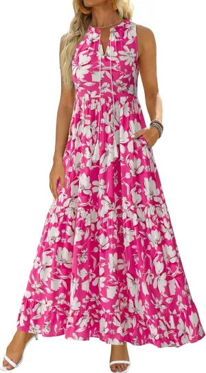 BTFBM Womens Summer Maxi Dresses 2025 Casual Sleeveless V Neck Loose Fit Floral Boho Dress Beach Long Sundress