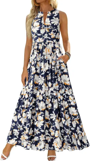BTFBM Womens Summer Maxi Dresses 2025 Casual Sleeveless V Neck Loose Fit Floral Boho Dress Beach Long Sundress