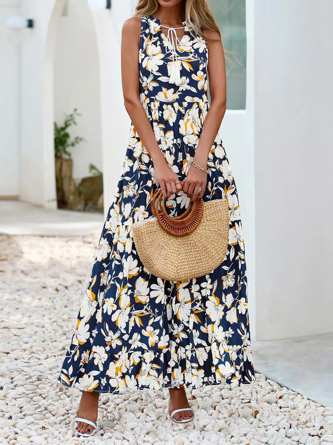 BTFBM Womens Summer Maxi Dresses 2025 Casual Sleeveless V Neck Loose Fit Floral Boho Dress Beach Long Sundress