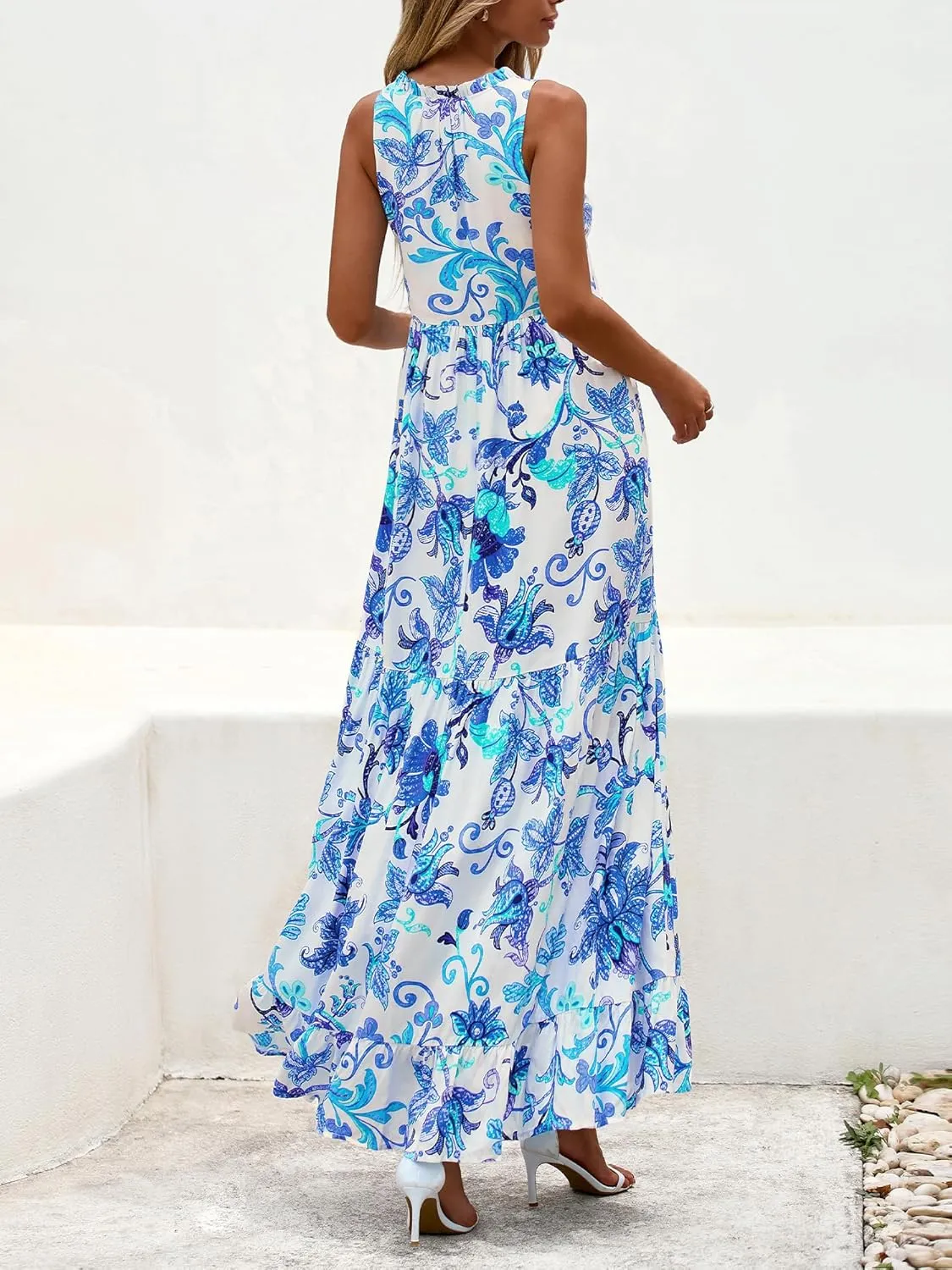 BTFBM Womens Summer Maxi Dresses 2025 Casual Sleeveless V Neck Loose Fit Floral Boho Dress Beach Long Sundress