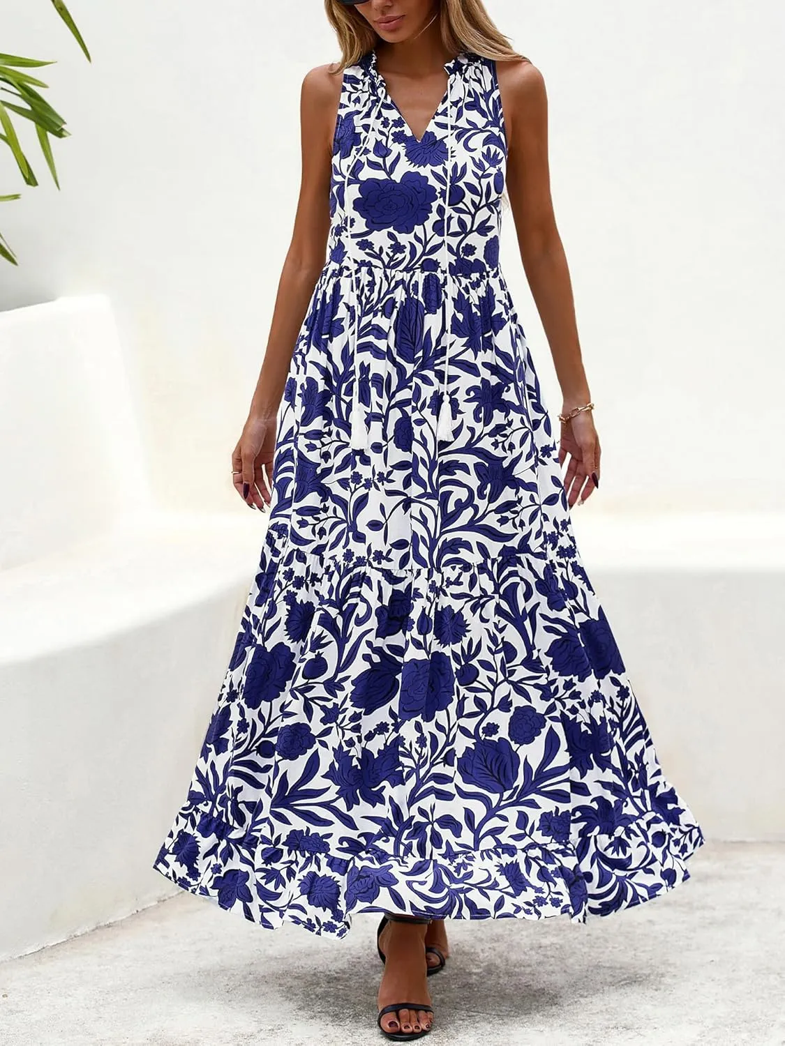 BTFBM Womens Summer Maxi Dresses 2025 Casual Sleeveless V Neck Loose Fit Floral Boho Dress Beach Long Sundress